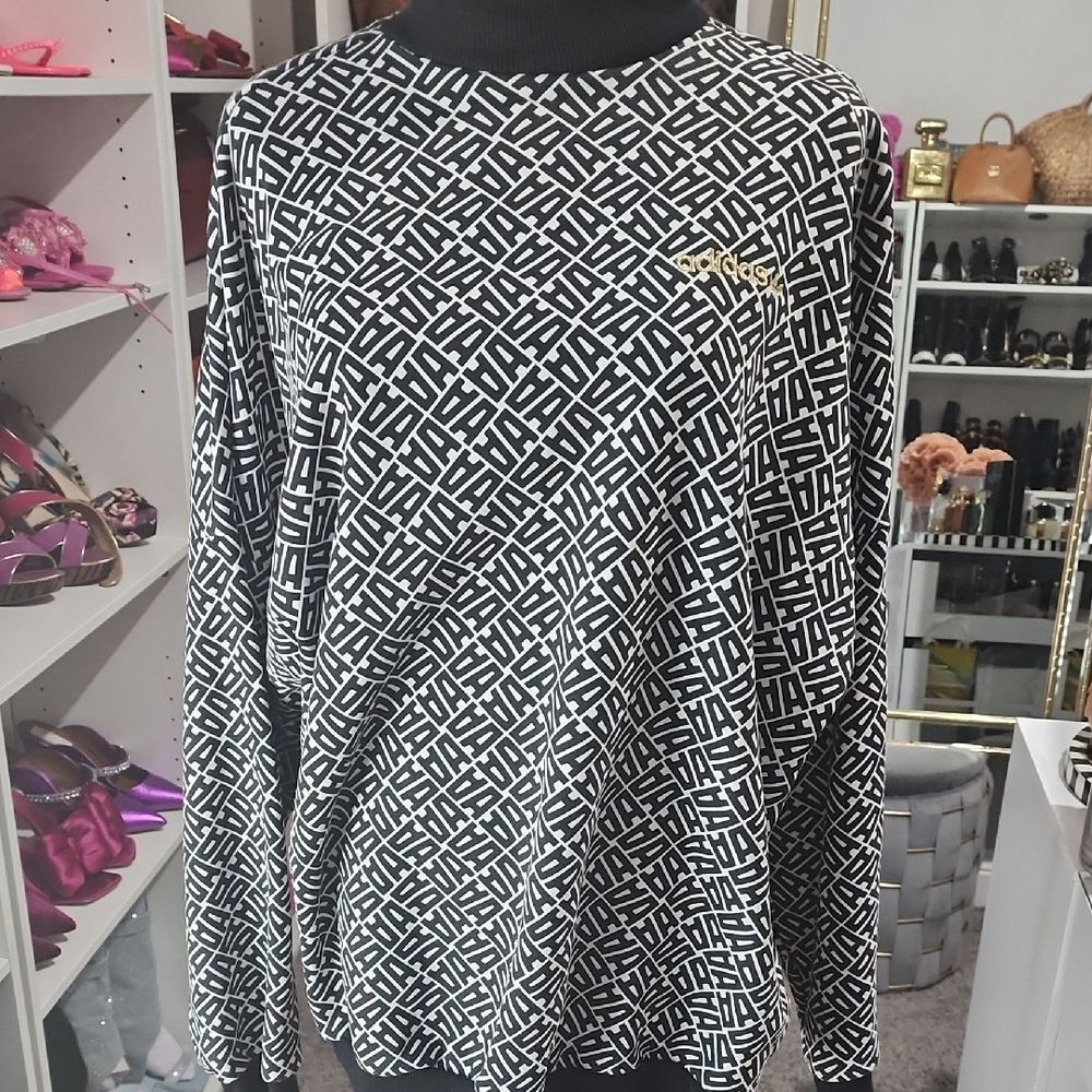 adidas Black and White Patterned Sweatshirt with Gold Logo